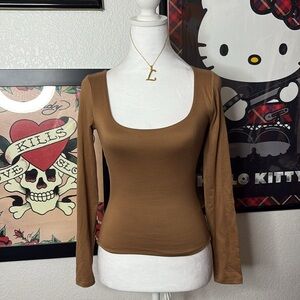 LA Seduction Tan Buttery Soft Double Lined Scoop Neck Long Sleeve Top